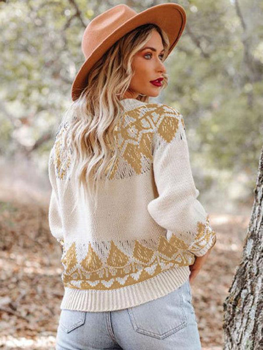Women's Vintage Jacquard Sweater Women's Round Neck Long Sleeve Pullover Sweater - 808Lush