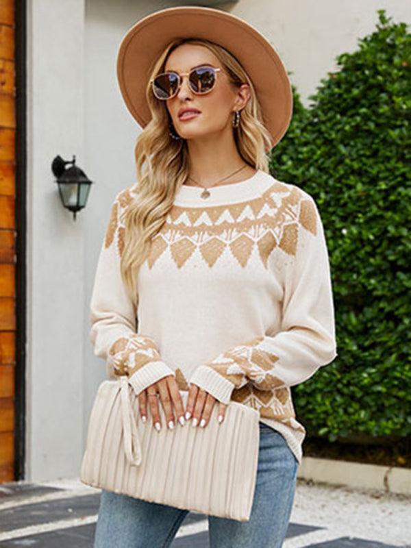 Women's Vintage Jacquard Sweater Women's Round Neck Long Sleeve Pullover Sweater - 808Lush