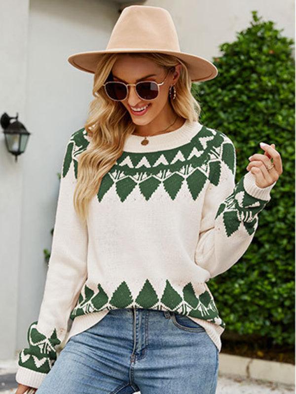 Women's Vintage Jacquard Sweater Women's Round Neck Long Sleeve Pullover Sweater - 808Lush