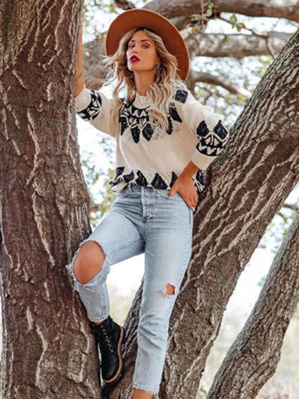 Women's Vintage Jacquard Sweater Women's Round Neck Long Sleeve Pullover Sweater - 808Lush