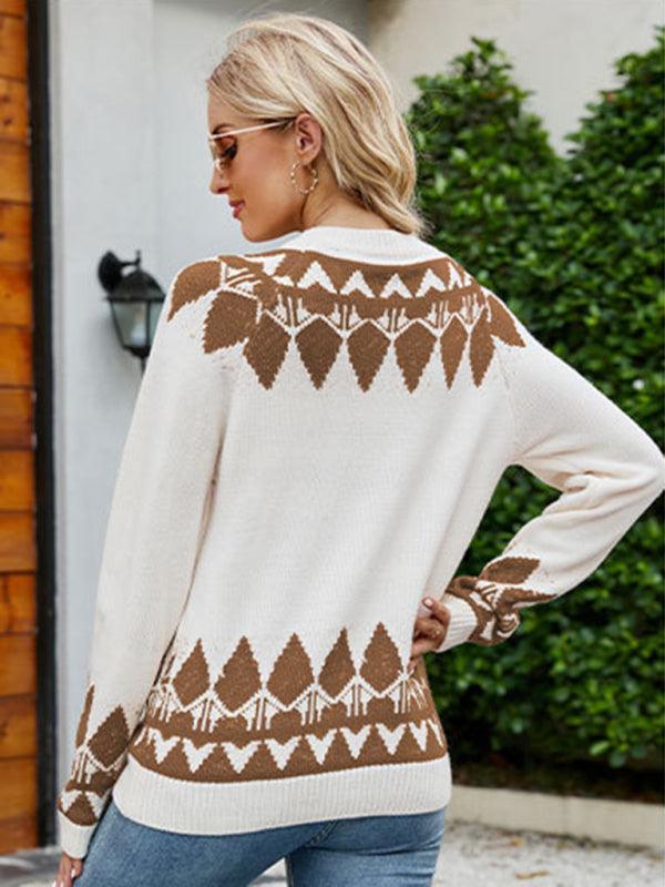 Women's Vintage Jacquard Sweater Women's Round Neck Long Sleeve Pullover Sweater - 808Lush