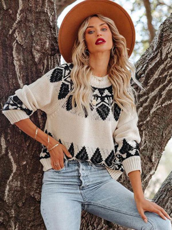 Women's Vintage Jacquard Sweater Women's Round Neck Long Sleeve Pullover Sweater - 808Lush