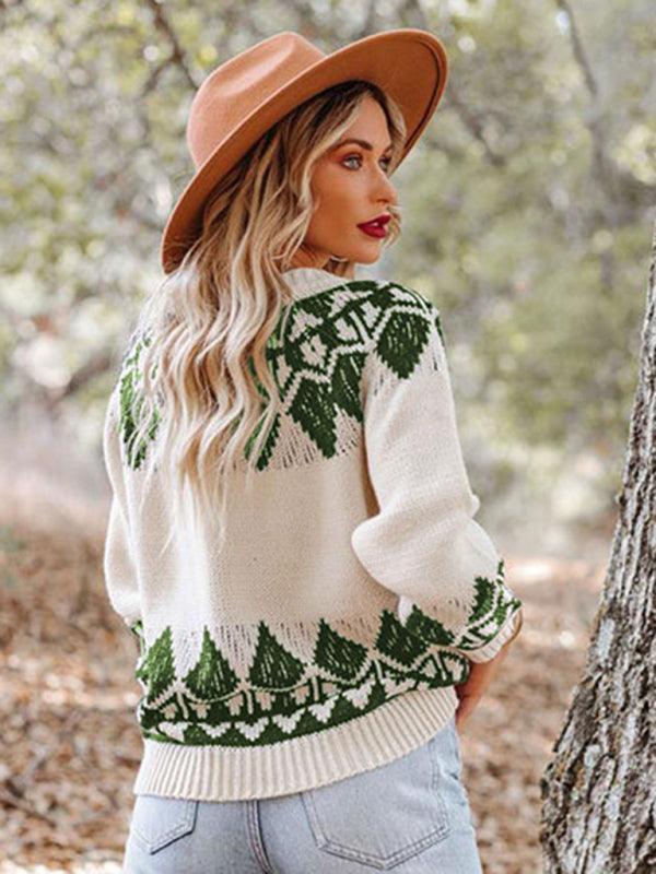 Women's Vintage Jacquard Sweater Women's Round Neck Long Sleeve Pullover Sweater - 808Lush