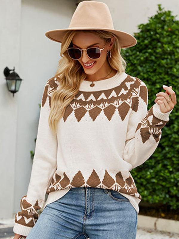 Women's Vintage Jacquard Sweater Women's Round Neck Long Sleeve Pullover Sweater - 808Lush
