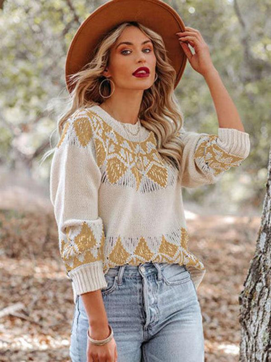 Women's Vintage Jacquard Sweater Women's Round Neck Long Sleeve Pullover Sweater - 808Lush