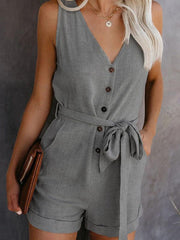 Women's Woven Fashion V-Neck Button-Up Sleeveless Jumpsuit - 808Lush