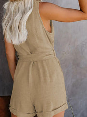 Women's Woven Fashion V-Neck Button-Up Sleeveless Jumpsuit - 808Lush