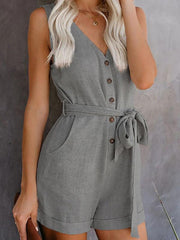 Women's Woven Fashion V-Neck Button-Up Sleeveless Jumpsuit - 808Lush