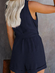 Women's Woven Fashion V-Neck Button-Up Sleeveless Jumpsuit - 808Lush