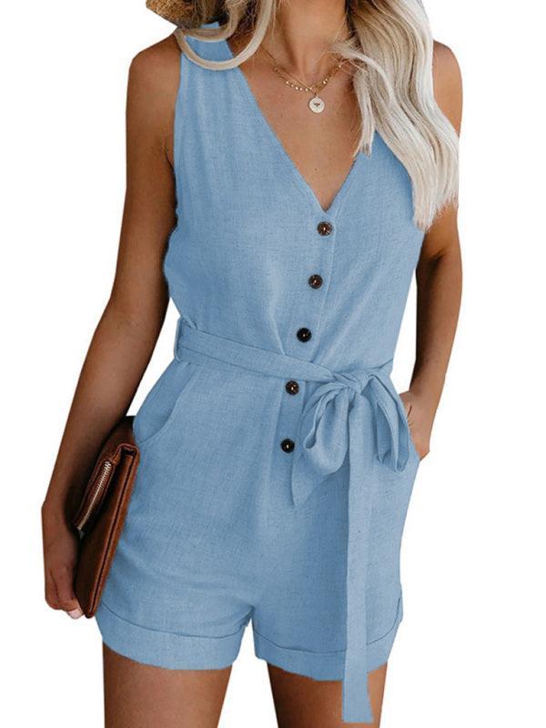 Women's Woven Fashion V-Neck Button-Up Sleeveless Jumpsuit - 808Lush