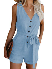 Women's Woven Fashion V-Neck Button-Up Sleeveless Jumpsuit - 808Lush