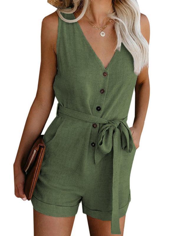 Women's Woven Fashion V-Neck Button-Up Sleeveless Jumpsuit - 808Lush