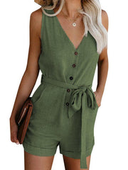 Women's Woven Fashion V-Neck Button-Up Sleeveless Jumpsuit - 808Lush