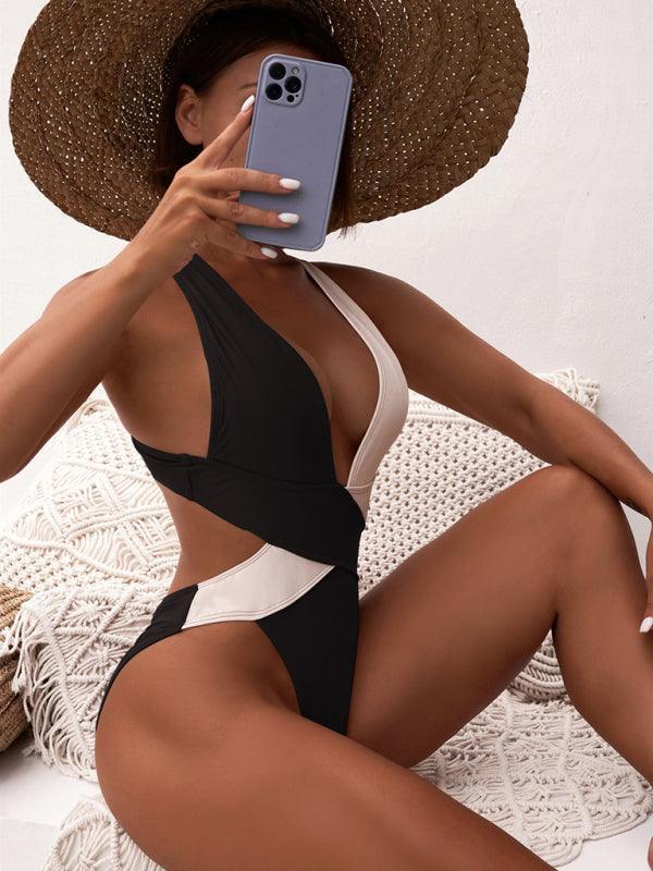 Women's bikini swimsuit cross swimsuit black and white color matching - 808Lush