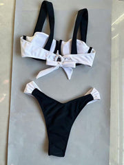 Women's black and white color matching beach strap suspender sexy two piece bikini - 808Lush