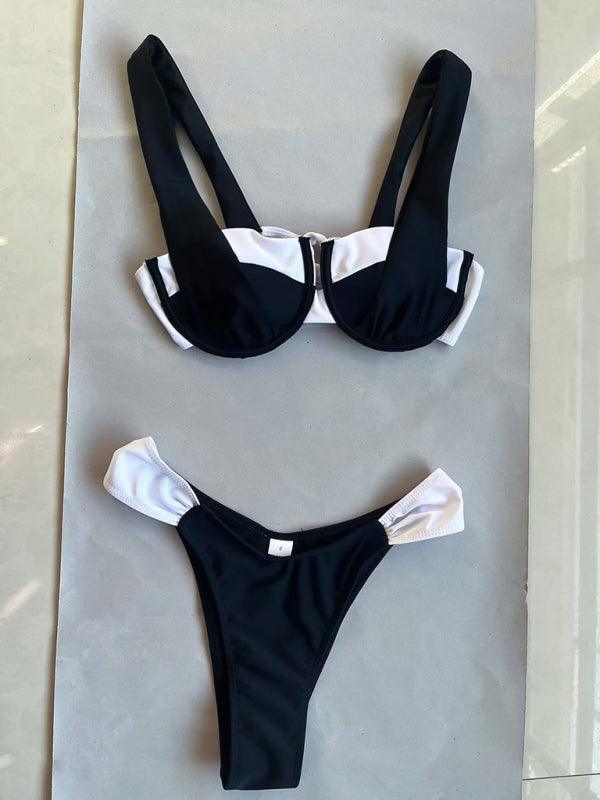 Women's black and white color matching beach strap suspender sexy two piece bikini - 808Lush