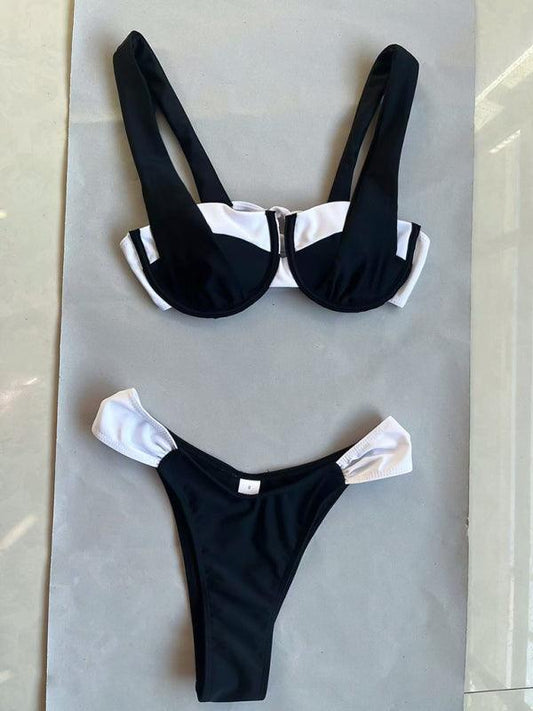 Women's black and white color matching beach strap suspender sexy two piece bikini - 808Lush