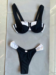 Women's black and white color matching beach strap suspender sexy two piece bikini - 808Lush