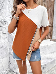 Women's casual color-blocked round neck T-shirt - 808Lush