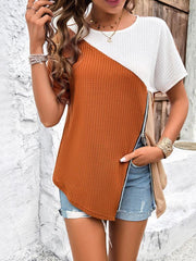 Women's casual color-blocked round neck T-shirt - 808Lush