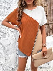 Women's casual color-blocked round neck T-shirt - 808Lush