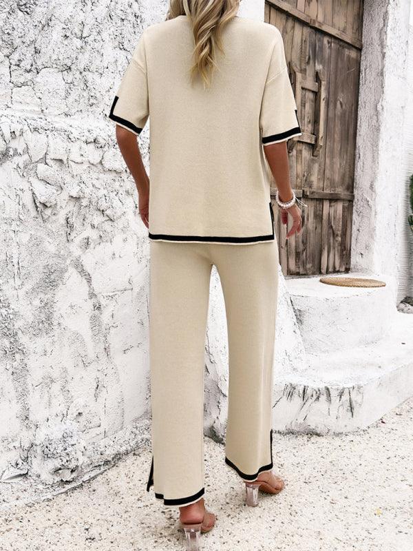 Women's casual color-blocked short-sleeved trousers knitted two-piece set - 808Lush