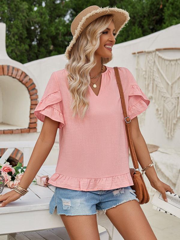 Women's casual short-sleeved shirt solid color V-neck top - 808Lush
