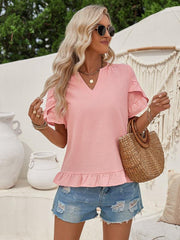 Women's casual short-sleeved shirt solid color V-neck top - 808Lush