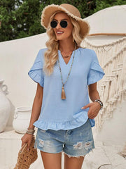 Women's casual short-sleeved shirt solid color V-neck top - 808Lush
