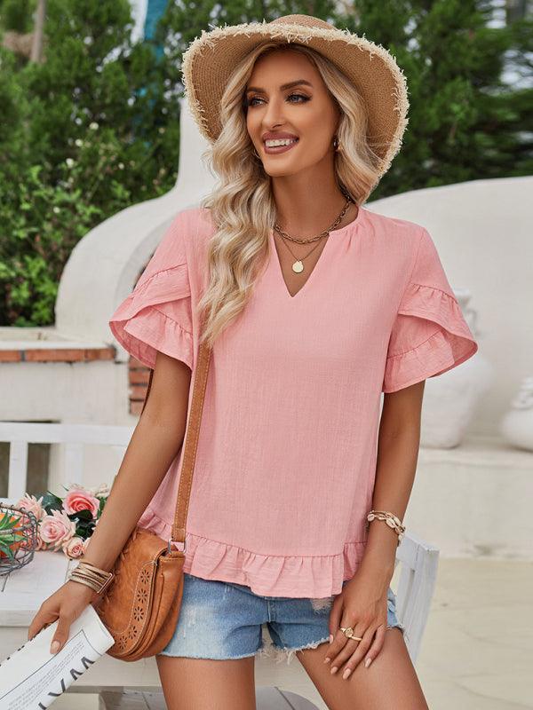 Women's casual short-sleeved shirt solid color V-neck top - 808Lush