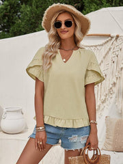 Women's casual short-sleeved shirt solid color V-neck top - 808Lush