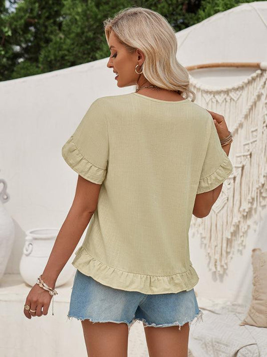 Women's casual short-sleeved shirt solid color V-neck top - 808Lush
