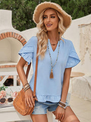 Women's casual short-sleeved shirt solid color V-neck top - 808Lush