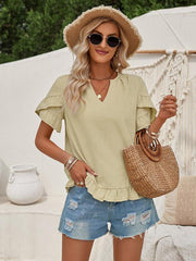 Women's casual short-sleeved shirt solid color V-neck top - 808Lush