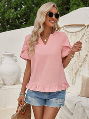Women's casual short-sleeved shirt solid color V-neck top - 808Lush