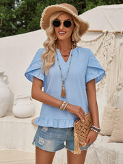Women's casual short-sleeved shirt solid color V-neck top - 808Lush