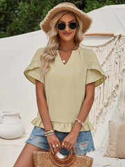 Women's casual short-sleeved shirt solid color V-neck top - 808Lush
