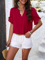 Women's casual solid color V-neck short-sleeved top - 808Lush