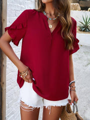 Women's casual solid color V-neck short-sleeved top - 808Lush
