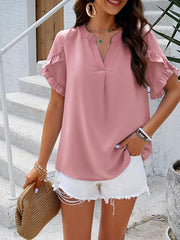 Women's casual solid color V-neck short-sleeved top - 808Lush