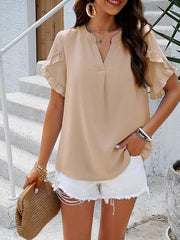 Women's casual solid color V-neck short-sleeved top - 808Lush