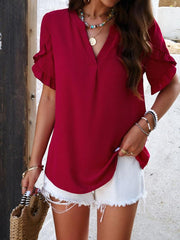 Women's casual solid color V-neck short-sleeved top - 808Lush