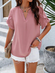 Women's casual solid color V-neck short-sleeved top - 808Lush