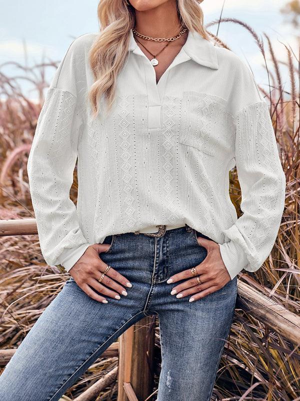 Women's casual solid color lapel loose long-sleeved top - 808Lush