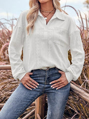Women's casual solid color lapel loose long-sleeved top - 808Lush