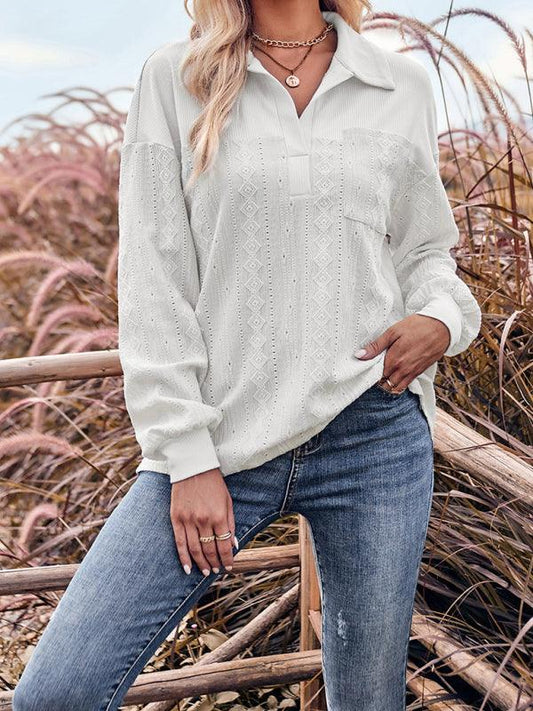 Women's casual solid color lapel loose long-sleeved top - 808Lush