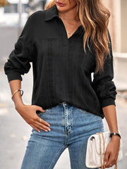 Women's casual solid color lapel loose long-sleeved top - 808Lush