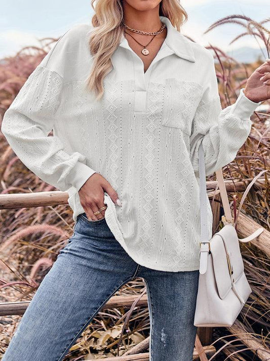 Women's casual solid color lapel loose long-sleeved top - 808Lush