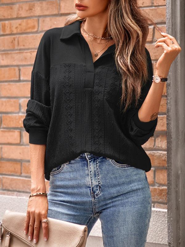 Women's casual solid color lapel loose long-sleeved top - 808Lush