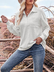 Women's casual solid color lapel loose long-sleeved top - 808Lush